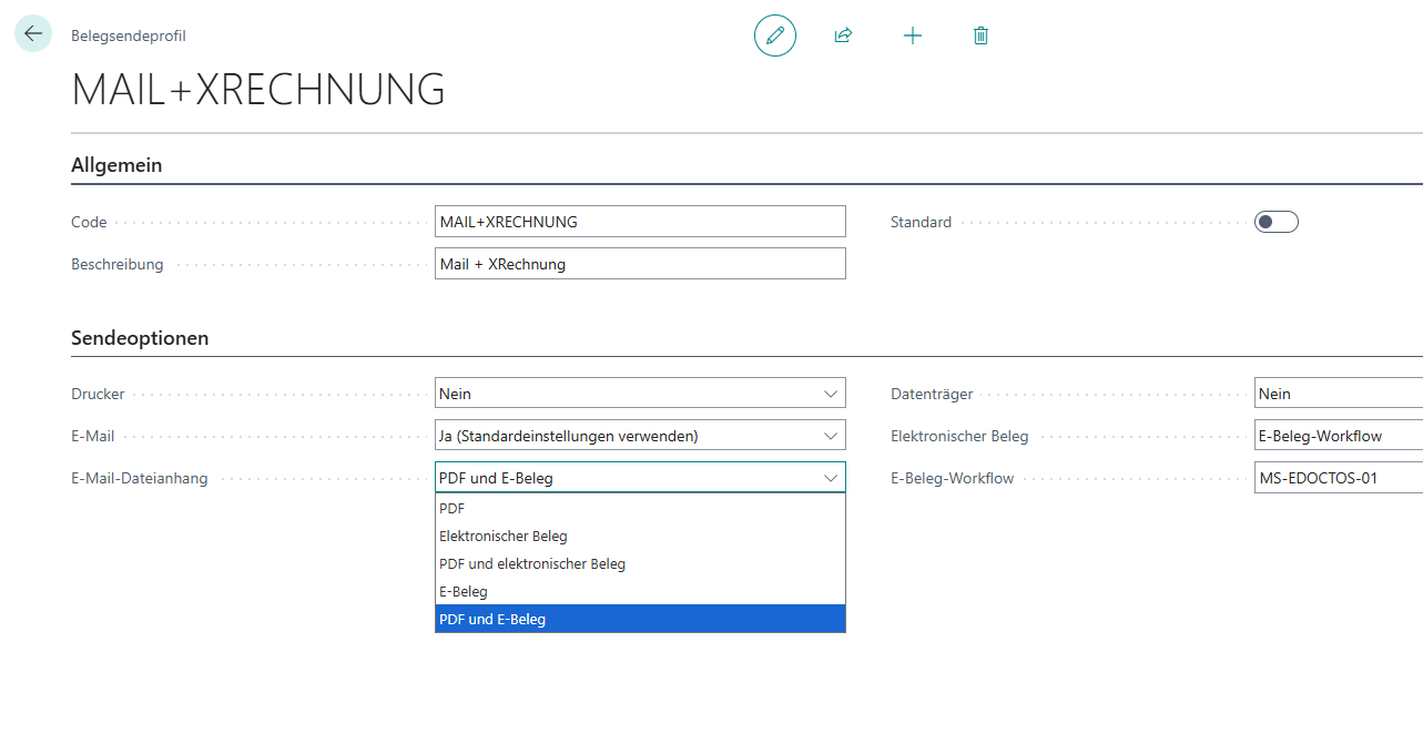 Belegsendeprofil mit E-Mail-Dateianhang Optionen