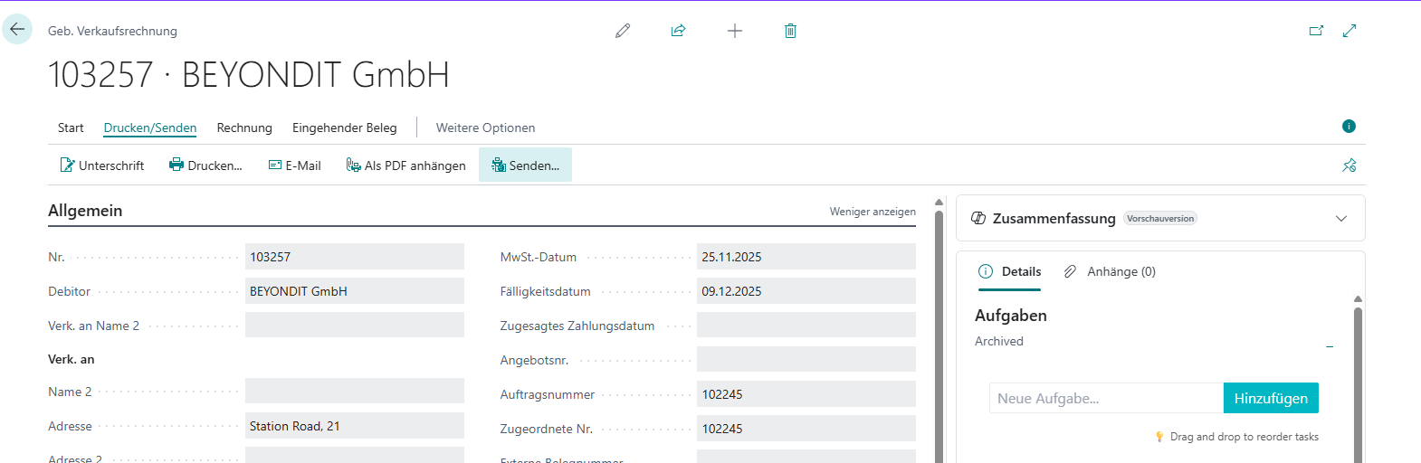 Gebuchte Verkaufsrechnung mit Senden Button