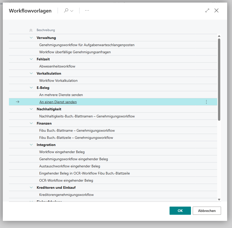 Workflowvorlagen Auswahl Dialog